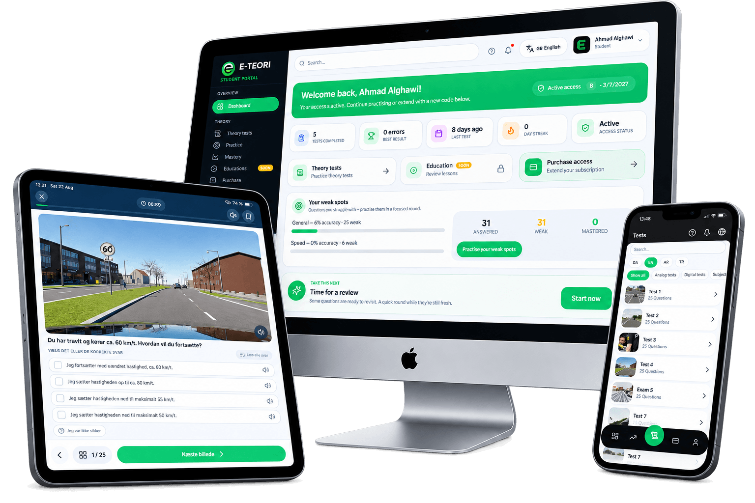 E-Teori elevportal på en bærbar computer E-Teori teoriprøve på en iPad E-Teori mobilapp på en iPhone