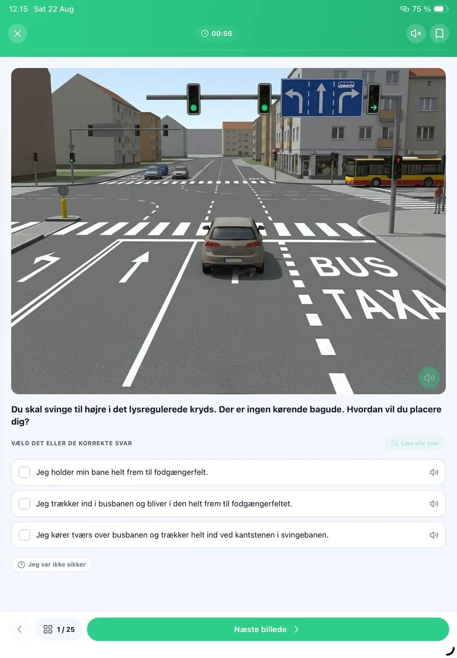 Et spørgsmål fra en teoriprøve i E-Teori på en tablet