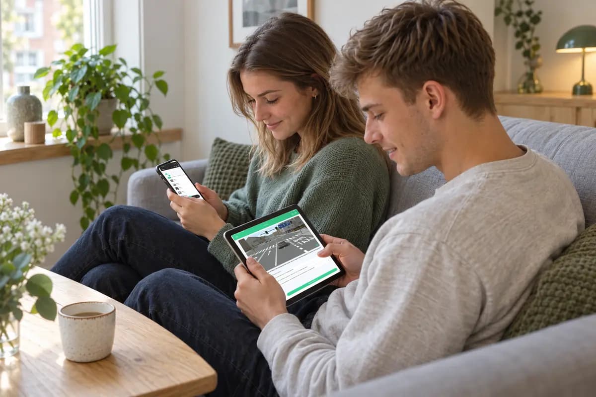 To elever øver teori sammen på en telefon og en tablet